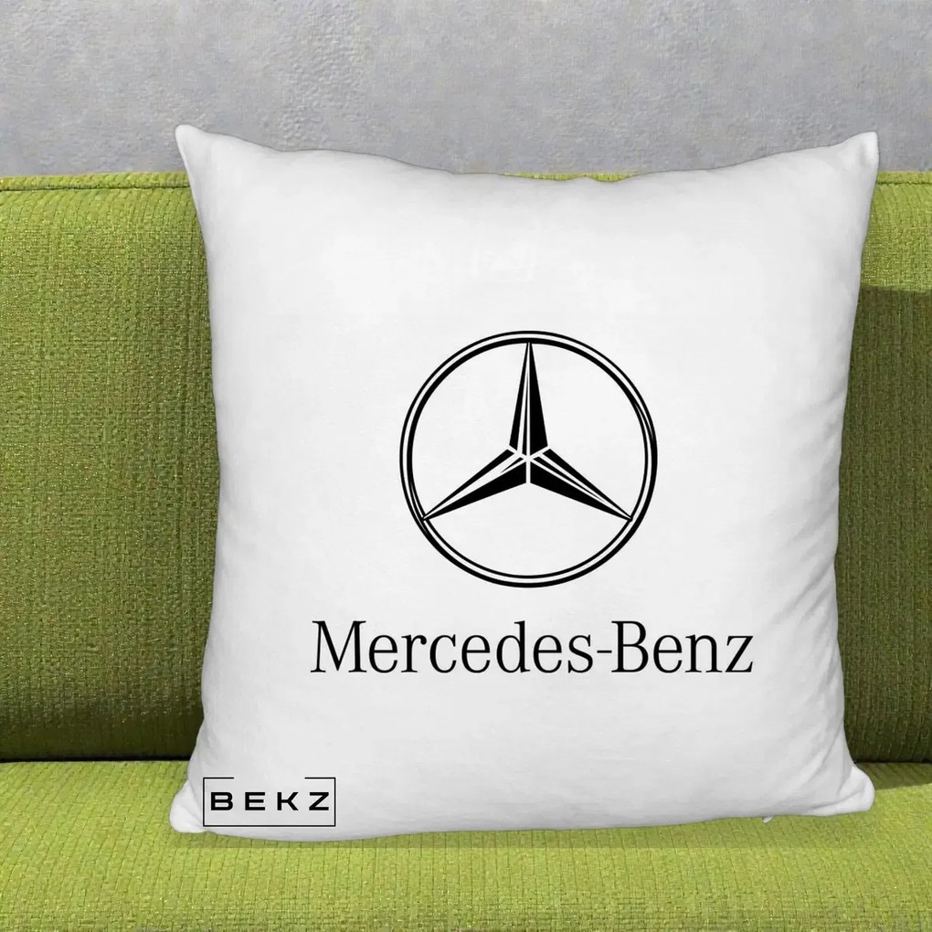 Perna Personalizata cu emblema Mercedes-Benz, 40x40 cm, Alb Pufos, Husa Detasabila, Perna Inclusa, BEKZ®