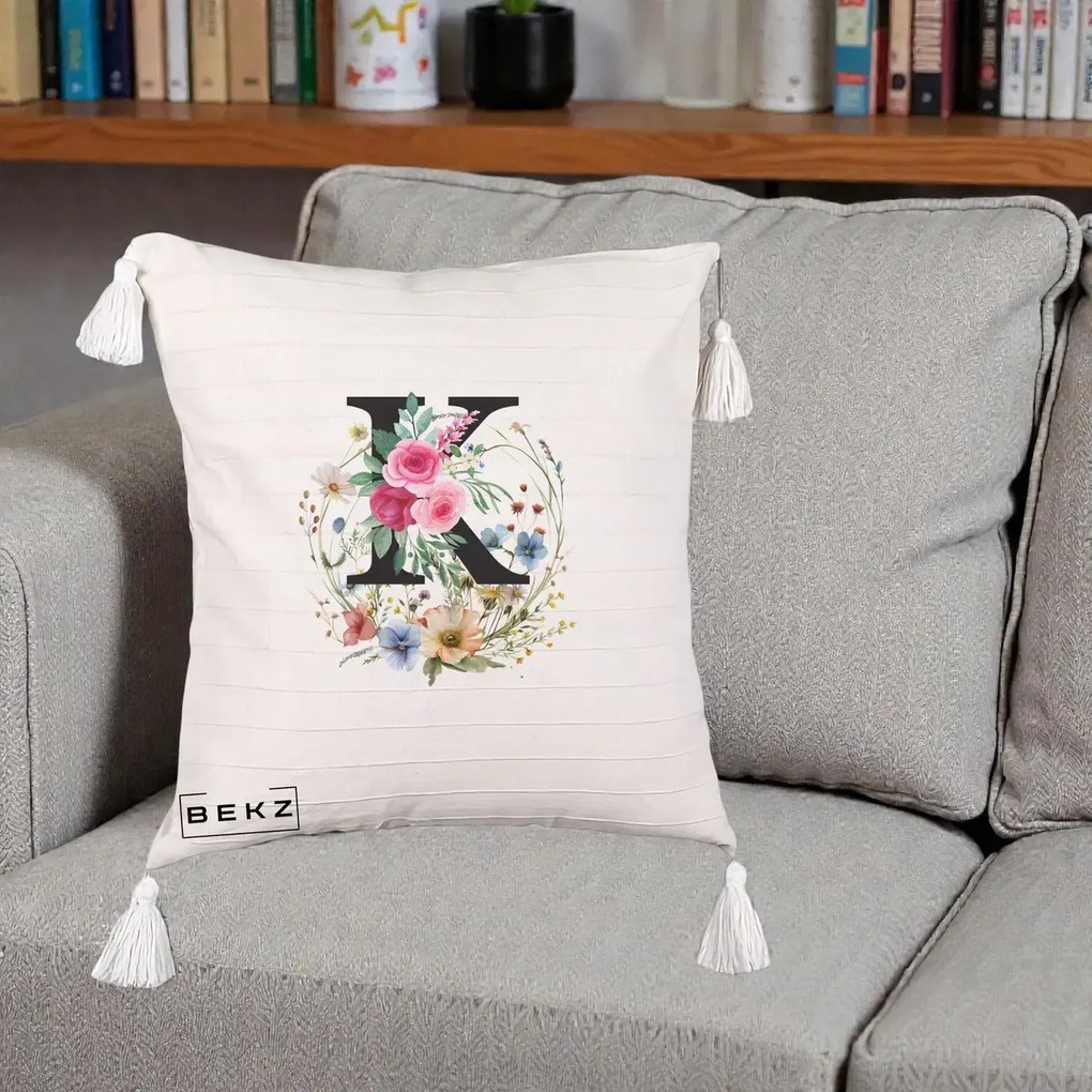 Cadou Personalizat - Perna Personalizata Monogram Litera K cu Flori Acuarela, 40x40 cm, Bej cu Franjuri, Husa Detasabila, Perna Inclusa, BEKZ®