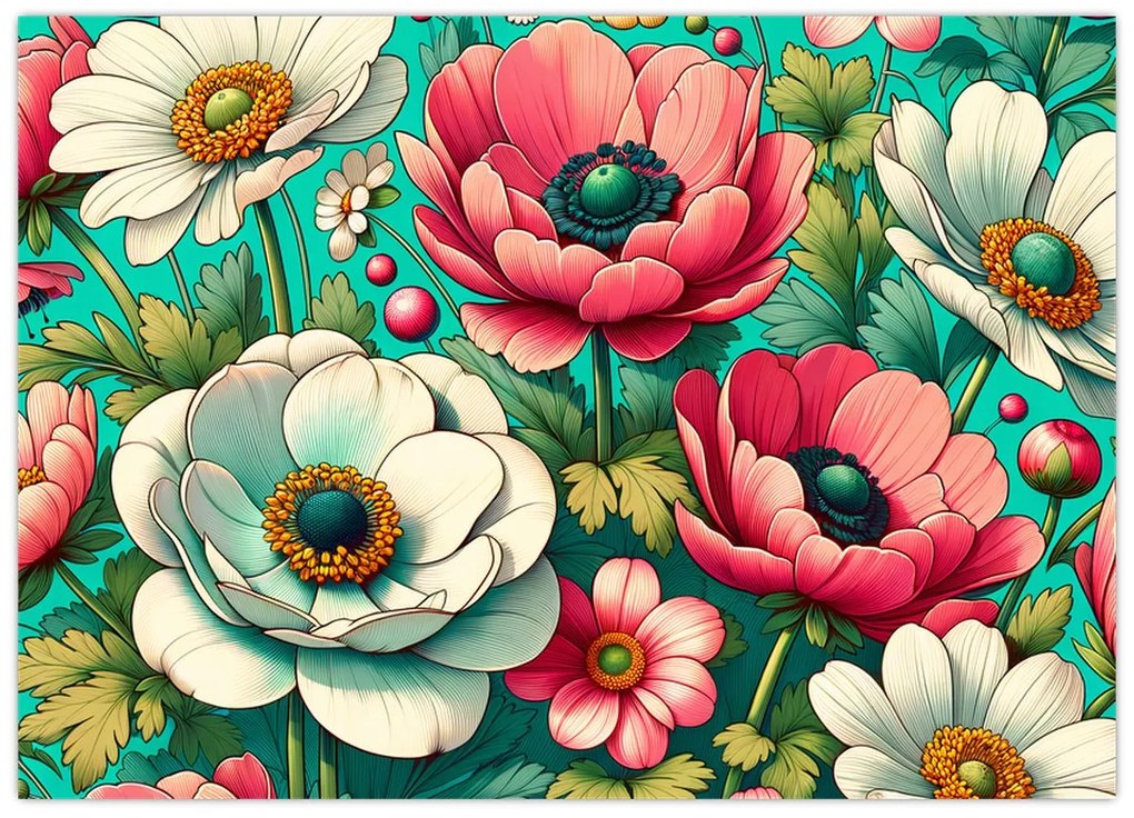 Tablou - Flori pe fundal albastru (70x50 cm)