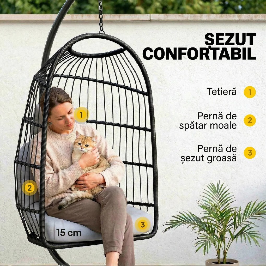 Outsunny Scaun Suspendat Tip Ou, Leagăn pentru Exterior cu Suport și Centură de Siguranță, Negru/Gri Deschis | Aosom Romania