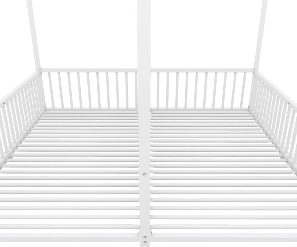 Pat dublu pentru copii 90x200 cm, formă de casă, cu barieră de siguranță, fără saltea, Alb