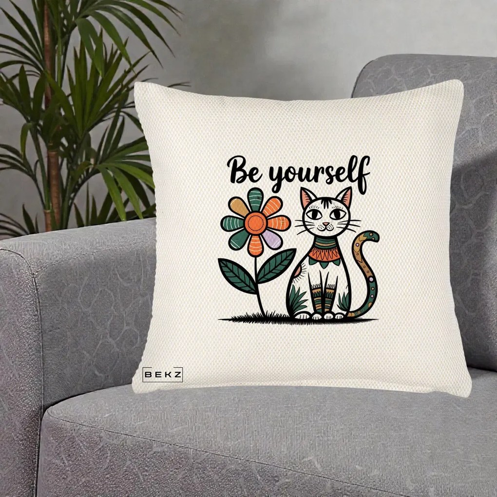 Perna Personalizata Be Yourself Pisica Folk, 40x40 cm, Crem Reliefat, Husa Detasabila, Perna Inclusa, BEKZ®