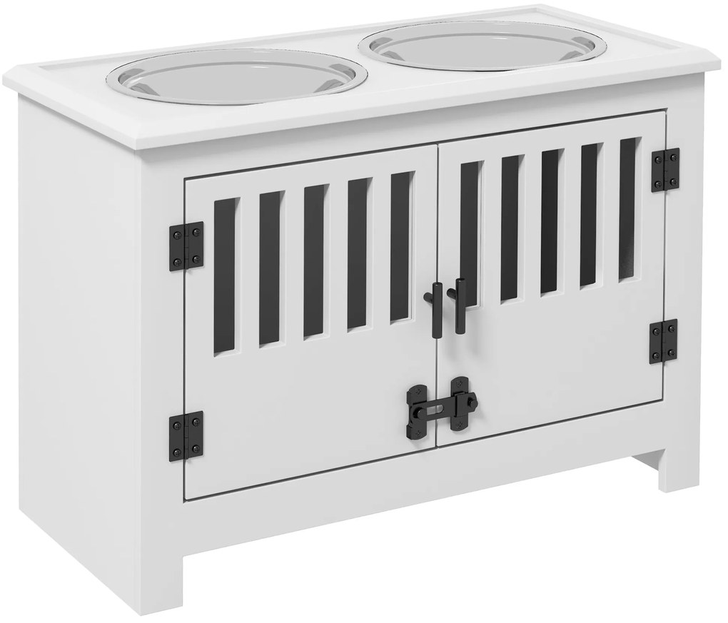 PawHut Stație de Hrănire Ridicată pentru Câini Mari, 2 Boluri din Oțel Inoxidabil, Spațiu de Depozitare, 35,5x60x30 cm, Alb | Aosom Romania