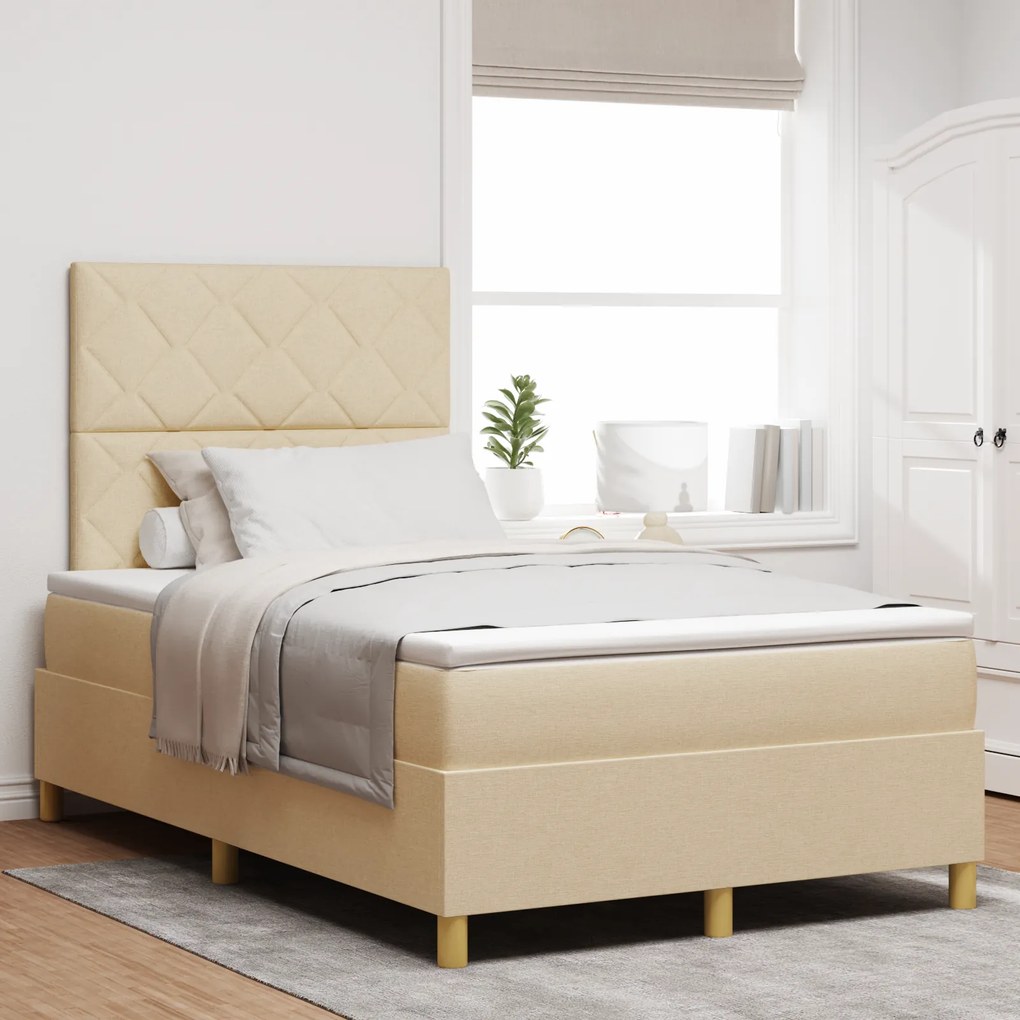 vidaXL Pat cu arcuri box spring , saltea și LED crem, 120x190 cm din țesătură