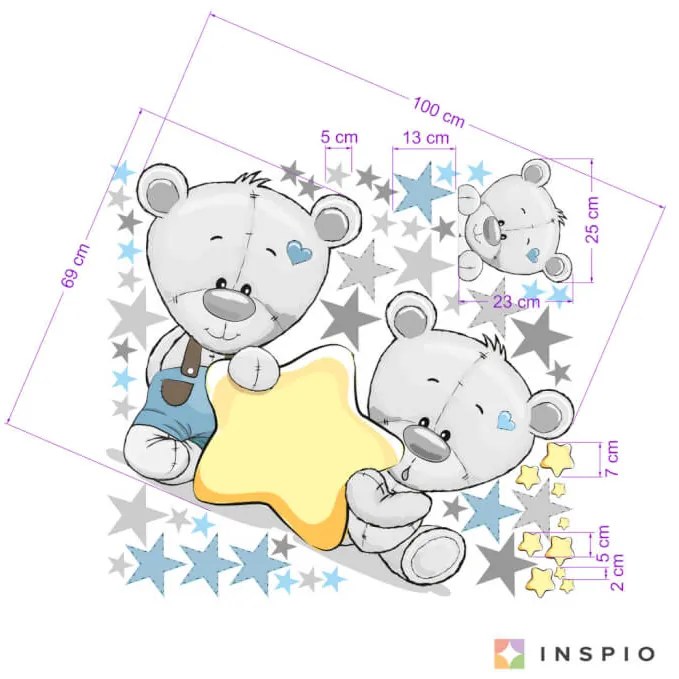INSPIO Autocolant pentru perete -  Ursuleți cu steluțe și nume cu albastru