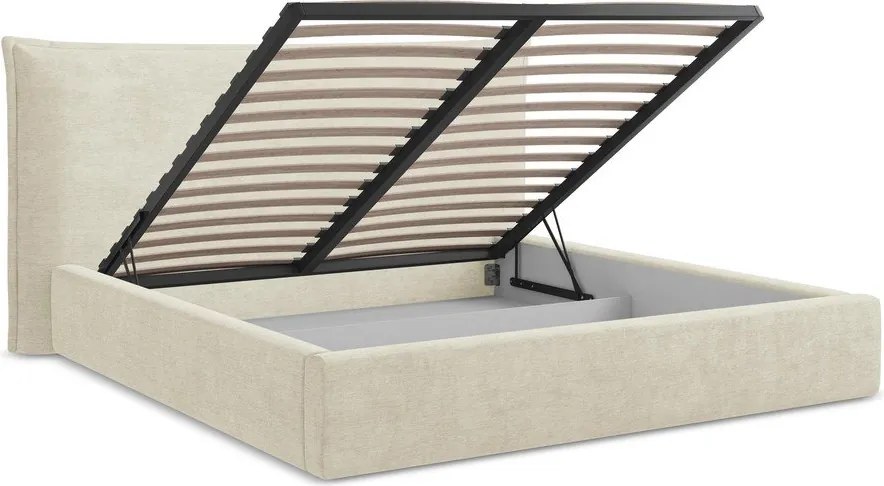 Pat matrimonial bej tapițat cu spațiu de depozitare cu somieră 180x200 cm Esala – Makamii
