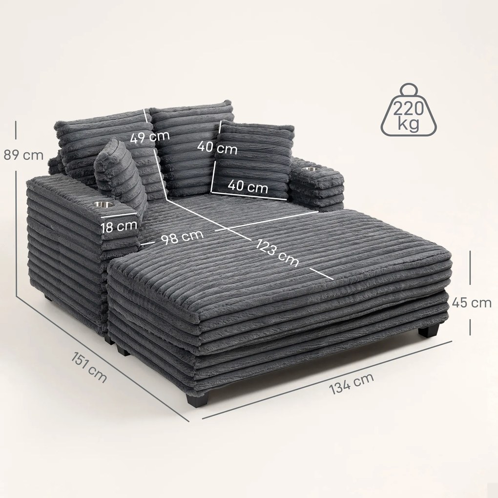 HOMCOM Chaiselongue 2 locuri canapea extensibilă mare 134 x 151 cm cu suport pentru pahare pentru living, gri | Aosom Romania