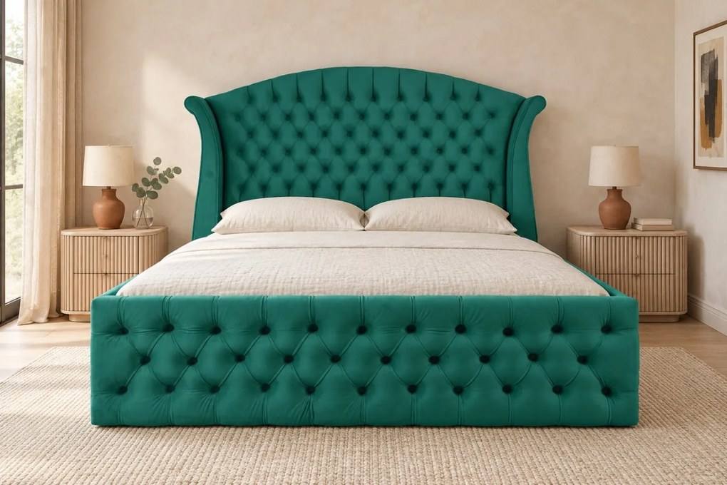 Pat tapițat Chesterfield din catifea Sorella Simple 140×200 cm, verde, cu ladă de depozitare