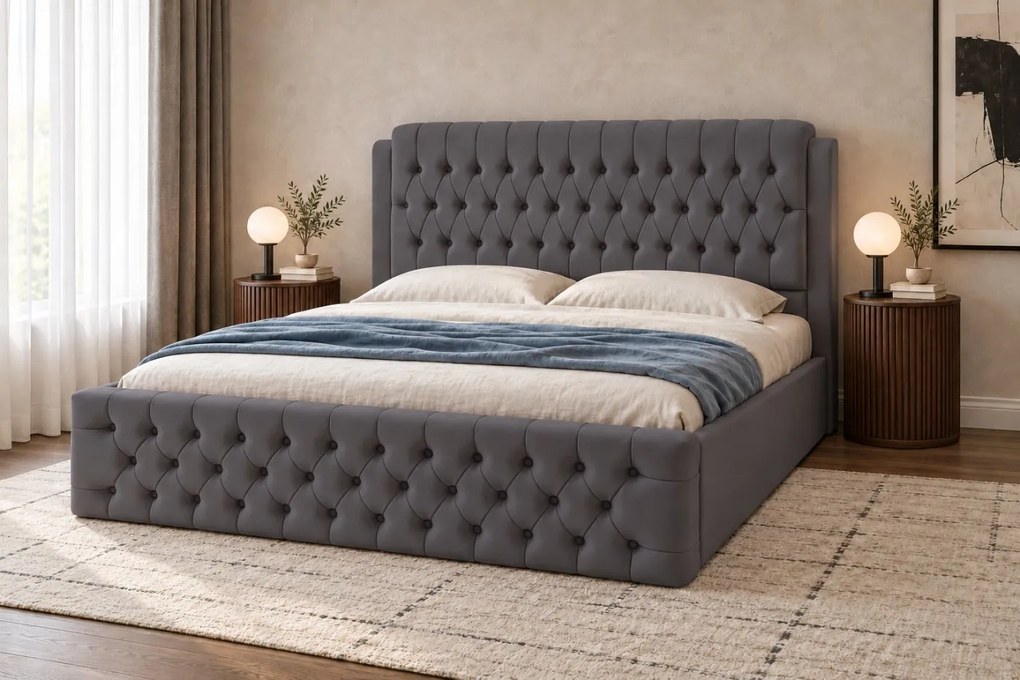 Pat tapițat din catifea Aveline 180×200 cm, gri închis, cu ladă de depozitare