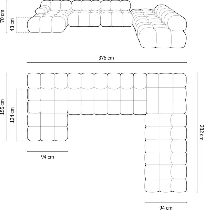 Coltar panoramic dreapta 7 locuri design modular, Bellis, Micadoni Home, BL, 376x282x70 cm, catifea, galben