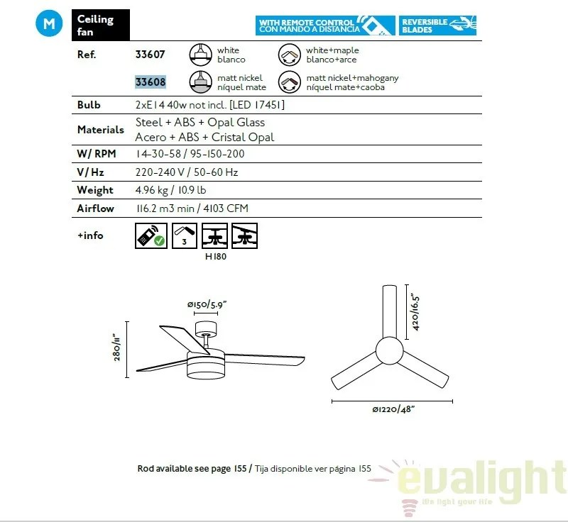 Lustra cu ventilator si telecomanda PANAY nichel 33608