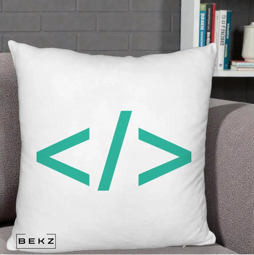Perna Personalizata Cod HTML Turcoaz, 40x40 cm, Alb Pufos, Husa Detasabila, Perna Inclusa, BEKZ®