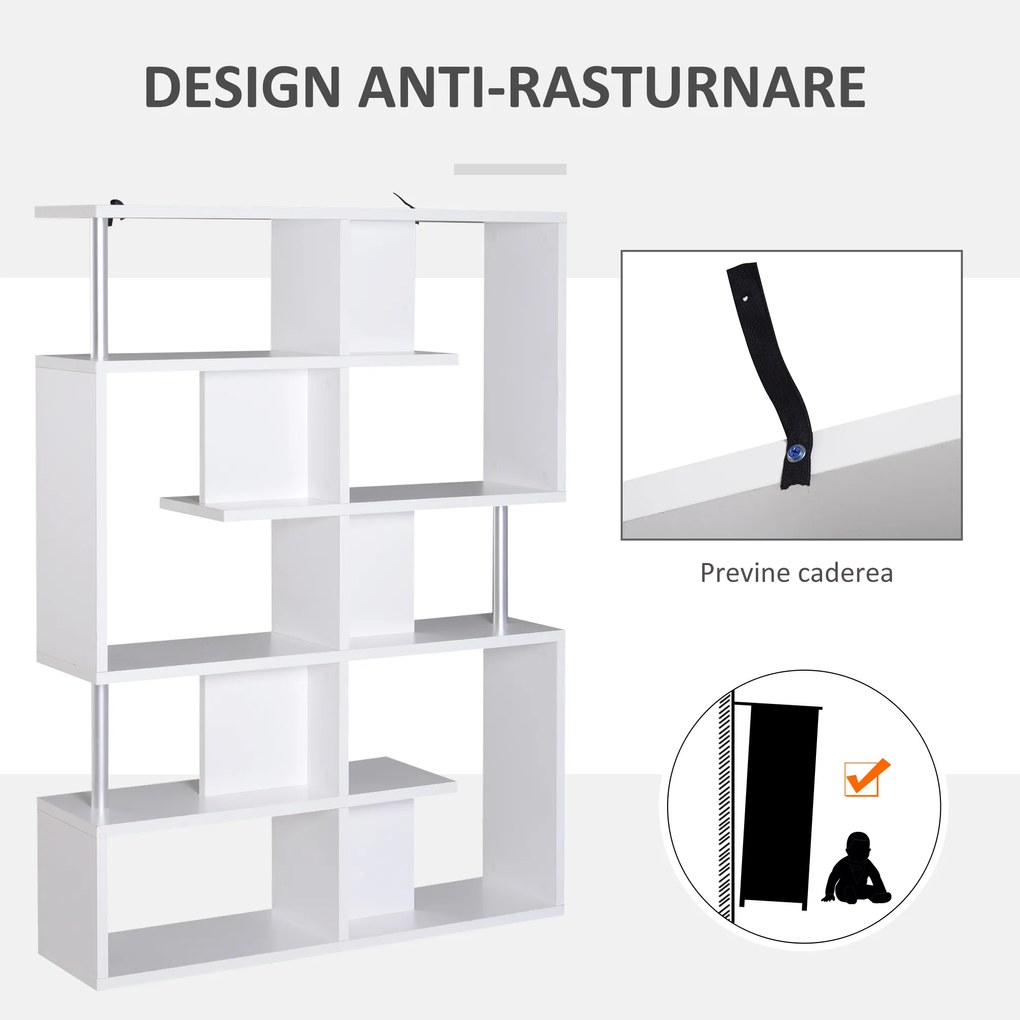 Homcom raft cărți, 5 Niveluri in Lemn, cu două curele anti-basculare în spate, 120x28.6x160cm, Alb | Aosom Romania