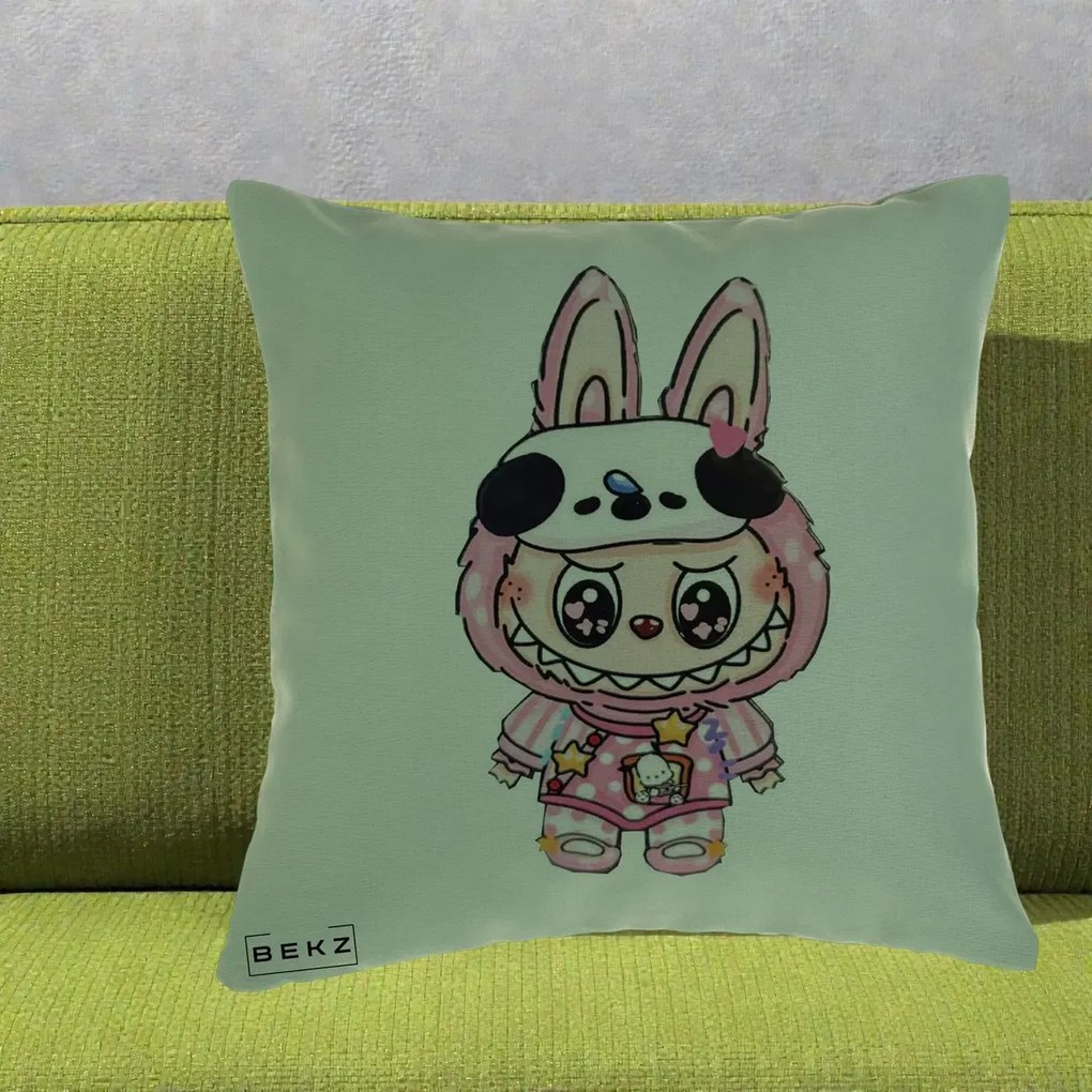 Perna Personalizata Labubu Panda-Bunny Roz, 40x40 cm, Verde, Husa Detasabila, Perna Inclusa, BEKZ®