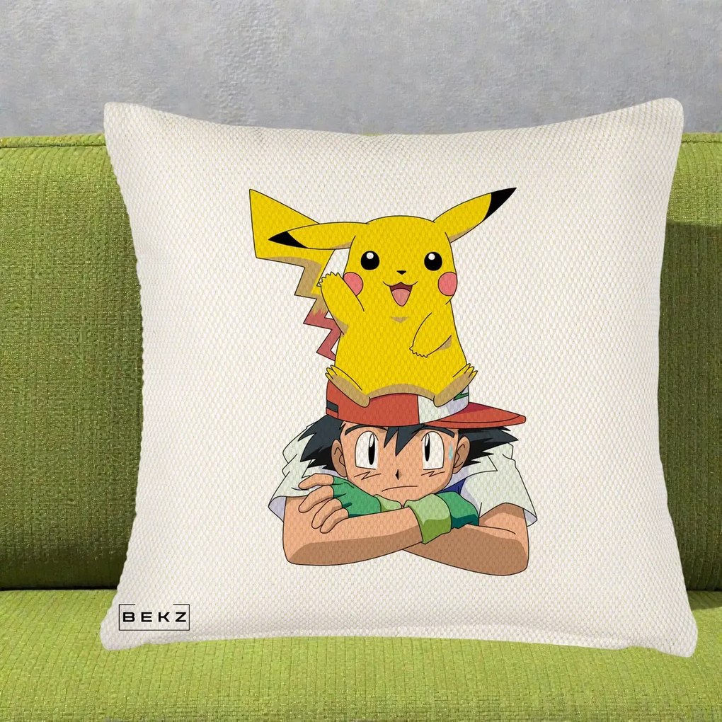 Perna Personalizata Ash si Pikachu, 40x40 cm, Crem Reliefat, Husa Detasabila, Perna Inclusa, BEKZ®