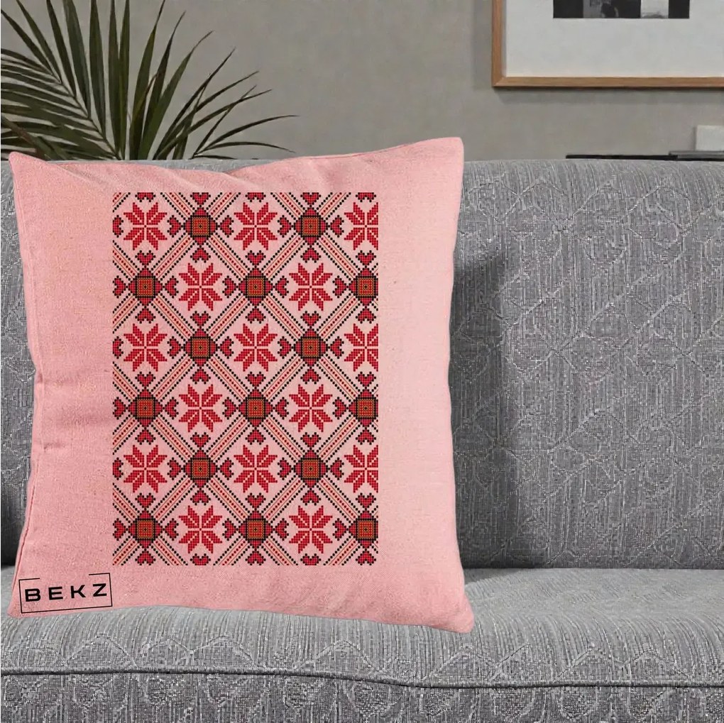 Perna Personalizata Motiv Traditional Ie Romaneasca Rosu, 40x40 cm, Roz, Husa Detasabila, Perna Inclusa, BEKZ®