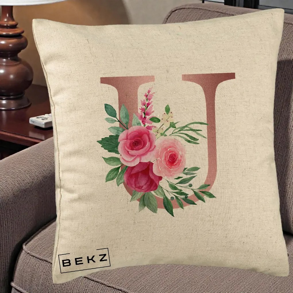 Cadou Personalizat - Perna Personalizata Monograma Rose Gold Litera U, 40x40 cm, Bej, Husa Detasabila, Perna Inclusa, BEKZ®