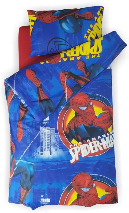 Set 5 piese Lenjerie Spiderman saltele 160x80 compatibile cu pat 2-12 ani + Pilota + Perna - ASC2003