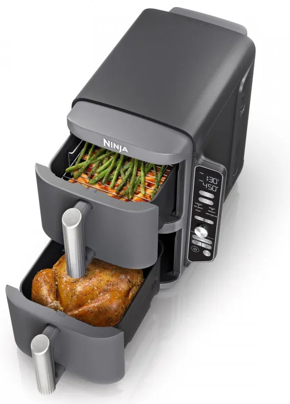 Friteuza dubla cu aer cald Ninja SL451EU, 2470W, 9.5L, Termometru digital, 2 cosuri, 6 programe, Max Crisp, Sync & Match, Gri