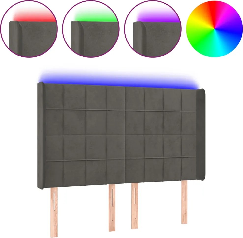 vidaXL Tăblie de pat cu LED, gri închis, 147x16x118/128 cm, catifea