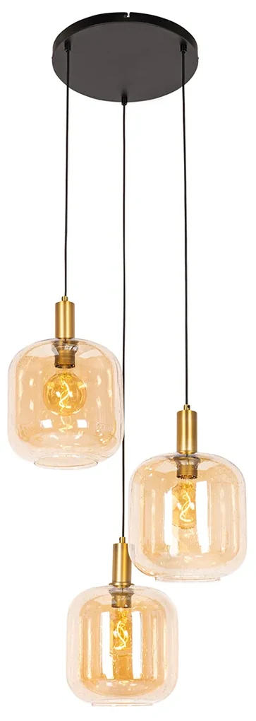 Lampa suspendată inteligentă neagră cu alamă și sticlă ambră 3 lumini incl. 3 Wifi G95 - Zuzanna