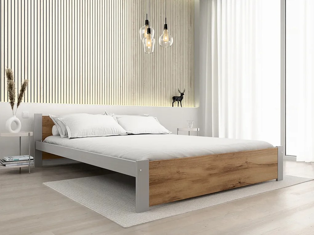 Pat dublu IKAROS 140 x 200 cm, stejar artisan/gri Saltele: Cu saltele Somnia 18 cm, Somiera pat: Cu lamele drepte