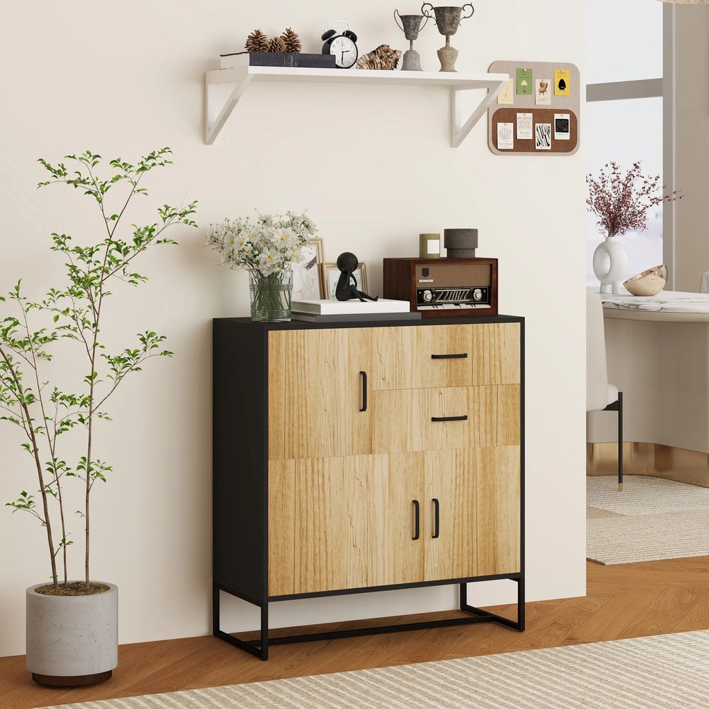 HOMCOM Bufet Modern de Depozitare cu 3 Dulapuri și 2 Sertare din Pal Melaminat și Oțel, 80x35x88 cm, Lemn Natural | Aosom Romania