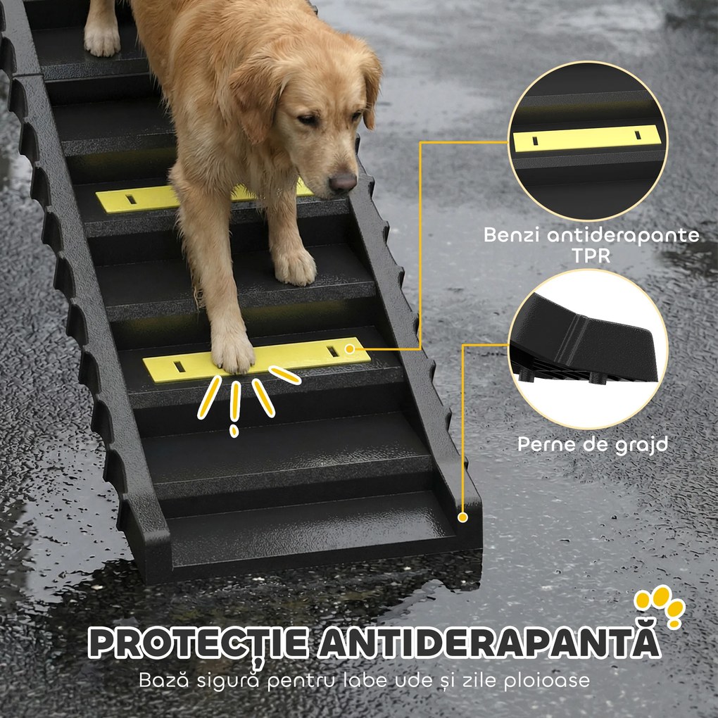 PawHut Rampă Pliabilă pentru Câini pentru Mașini și Paturi Înalte, Scară Portabilă cu 10 Trepte Antiderapante, Ușoară, Suportă Până la 68 kg, Negru | Aosom Romania