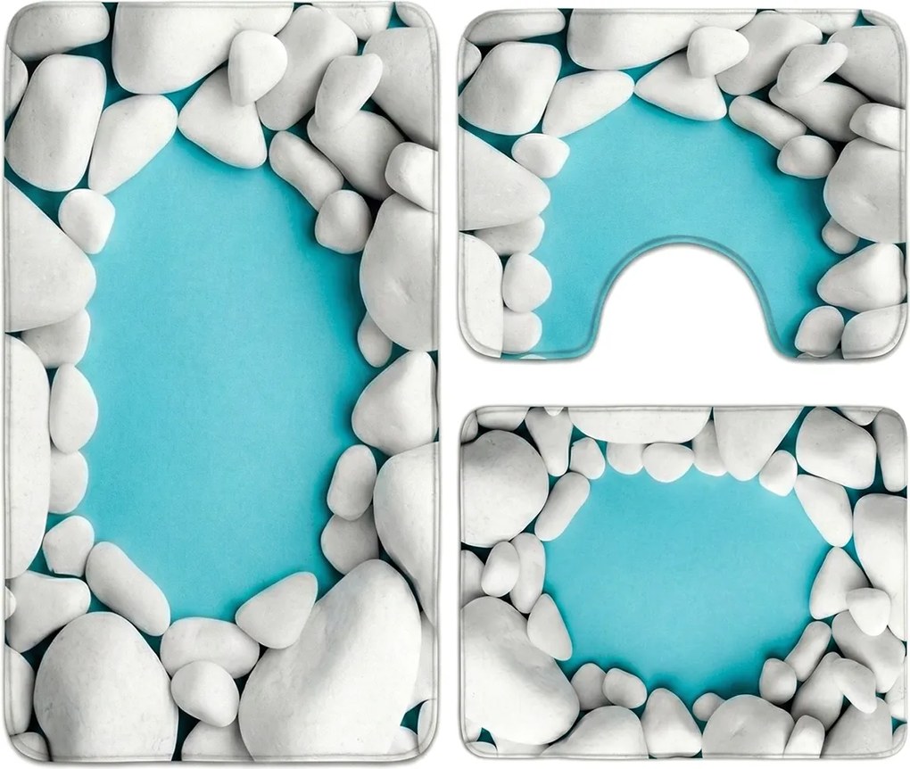Set covoare baie antiderapante, 3 piese, design pietre decorative