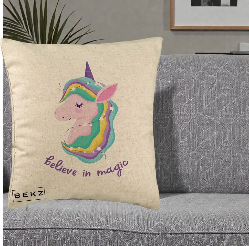Perna Decorativa Unicorn Believe in Magic, 40x40 cm, Bej, Husa Detasabila, Perna Inclusa, BEKZ®
