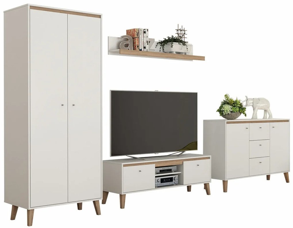 Camera de zi Providence D119Stejar deschis San Remo, Mat alb, Părți separate, Cu comodă tv, PAL laminat, 206x52cm, 151 kg