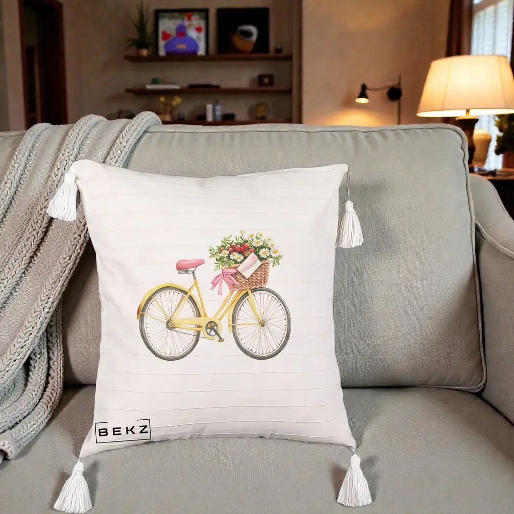 Perna Decorativa Bicicleta Galbena cu Cos de Flori Primavara, 40x40 cm, Bej cu Franjuri, Husa Detasabila, Perna Inclusa, BEKZ®