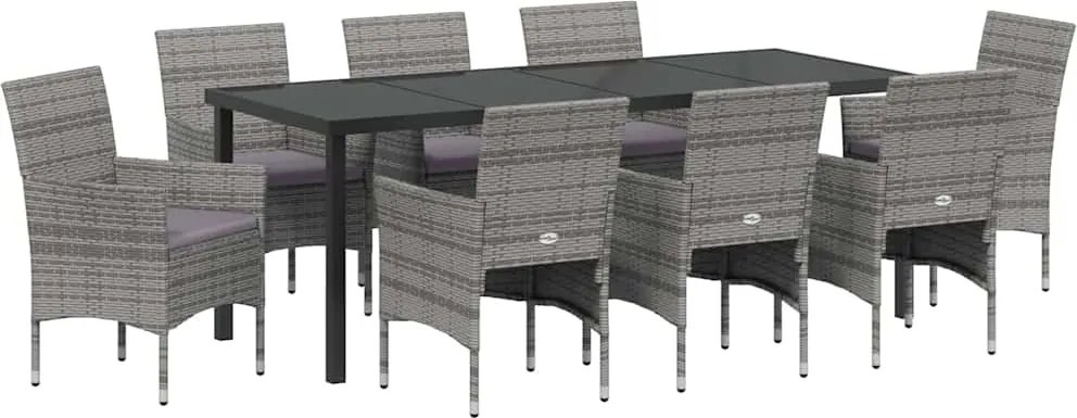 vidaXL Set de masă pentru grădină cu pernă 9 pcs Gri poliratan