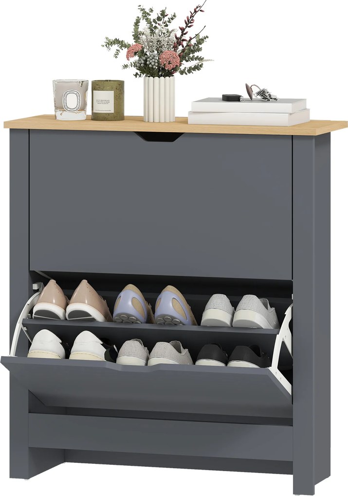 HOMCOM Dulap pentru 12 perechi de încălțăminte, dulap îngust cu 2 sertare rabatabile și rafturi reglabile, gri închis | Aosom Romania