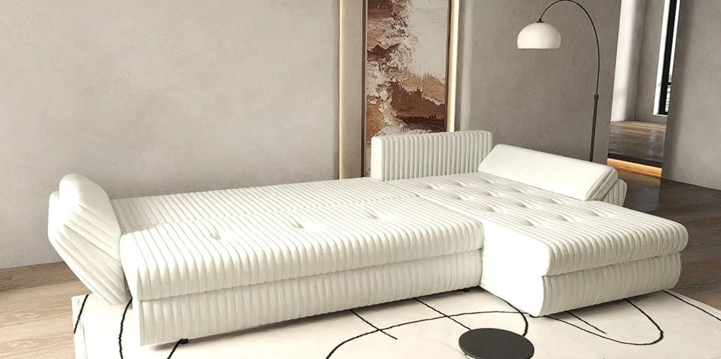 Colțar extensibil dumonde cu ladă de depozitare si sezut confortabil din spuma high-density, Loana XL Ambience Ivory 335x185 cm