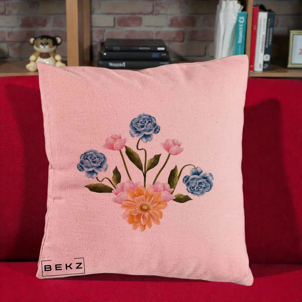 Perna Decorativa Buchet Primavara Acuarela, 40x40 cm, Roz, Husa Detasabila, Perna Inclusa, BEKZ®