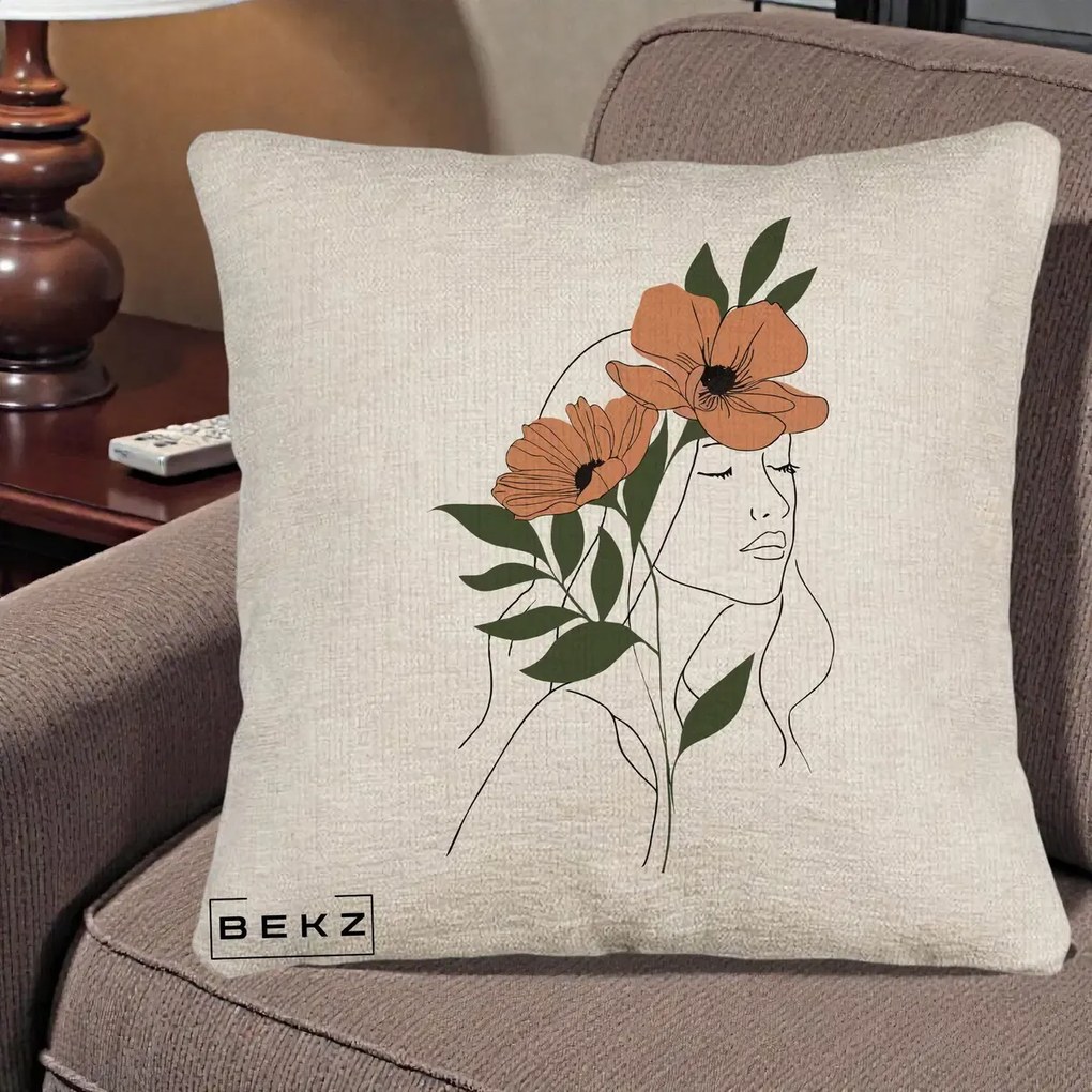 Perna Decorativa Portret Feminin Doua Maci Terracotta, 40x40 cm, Bej Canapea, Husa Detasabila, Perna Inclusa, BEKZ®