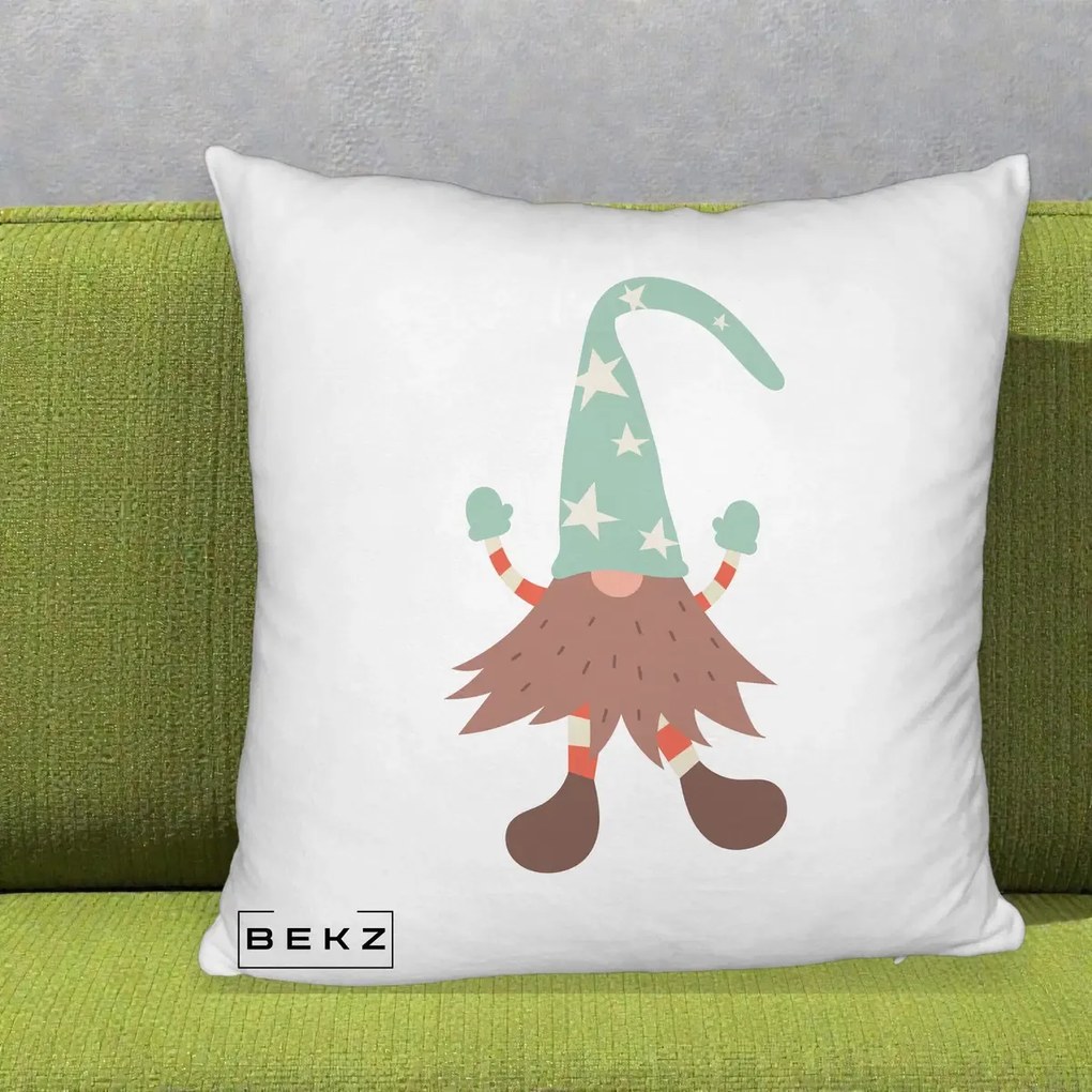 Perna Decorativa Pitic Gnom Nordic cu Cadou Menta, 40x40 cm, Alb Pufos, Husa Detasabila, Perna Inclusa, BEKZ®