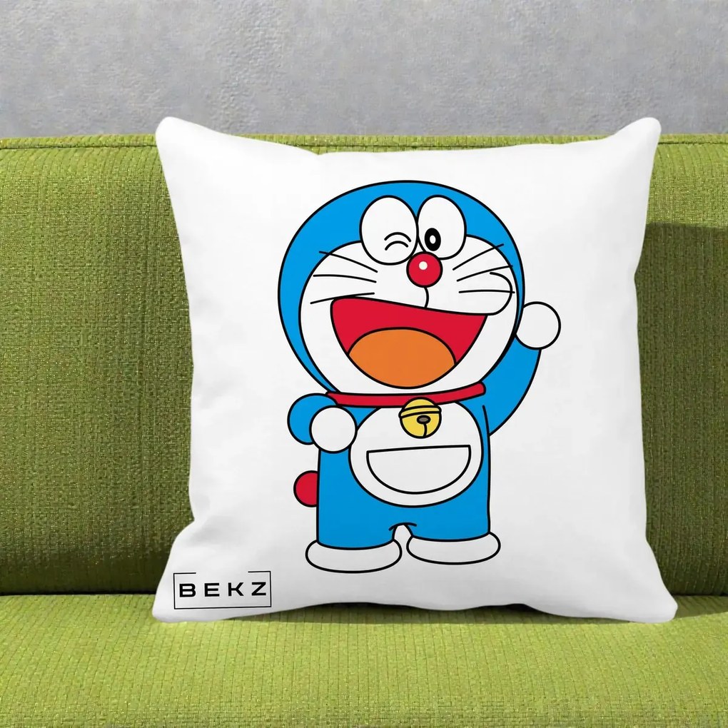 Perna Personalizata Doraemon Salutand, 40x40 cm, Alba Mata, Husa Detasabila, Perna Inclusa, BEKZ®