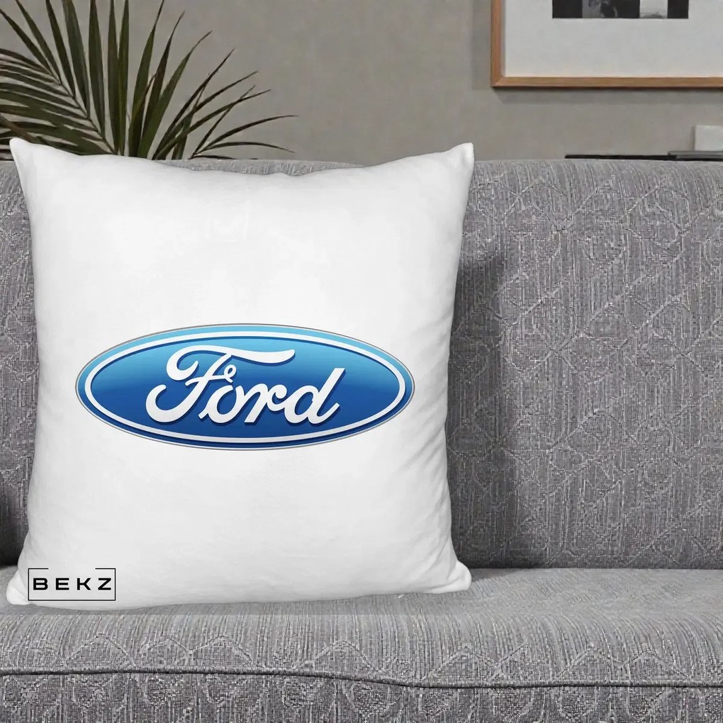 Perna Personalizata cu emblema Ford, 40x40 cm, Alb Pufos, Husa Detasabila, Perna Inclusa, BEKZ®