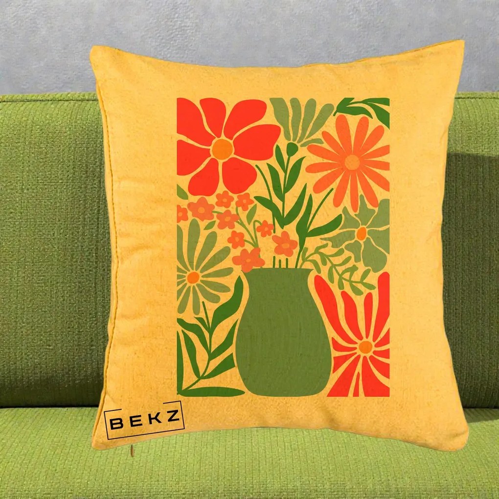 Perna Decorativa Flori in Vaza Turcoaz, 40x40 cm, Galben, Husa Detasabila, Perna Inclusa, BEKZ®