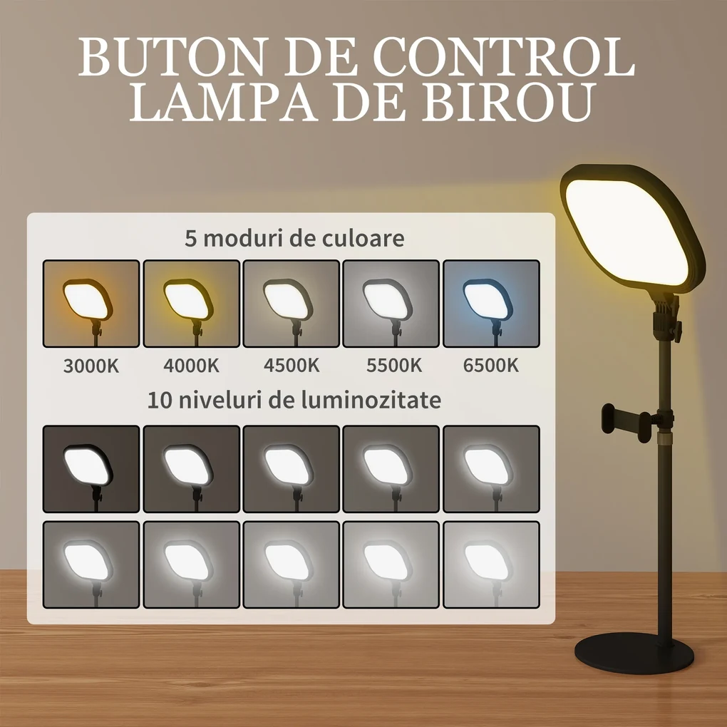 HOMCOM Lampă LED reglabilă: 5 culori, 10 niveluri, memorie – birou/dormitor. | Aosom Romania