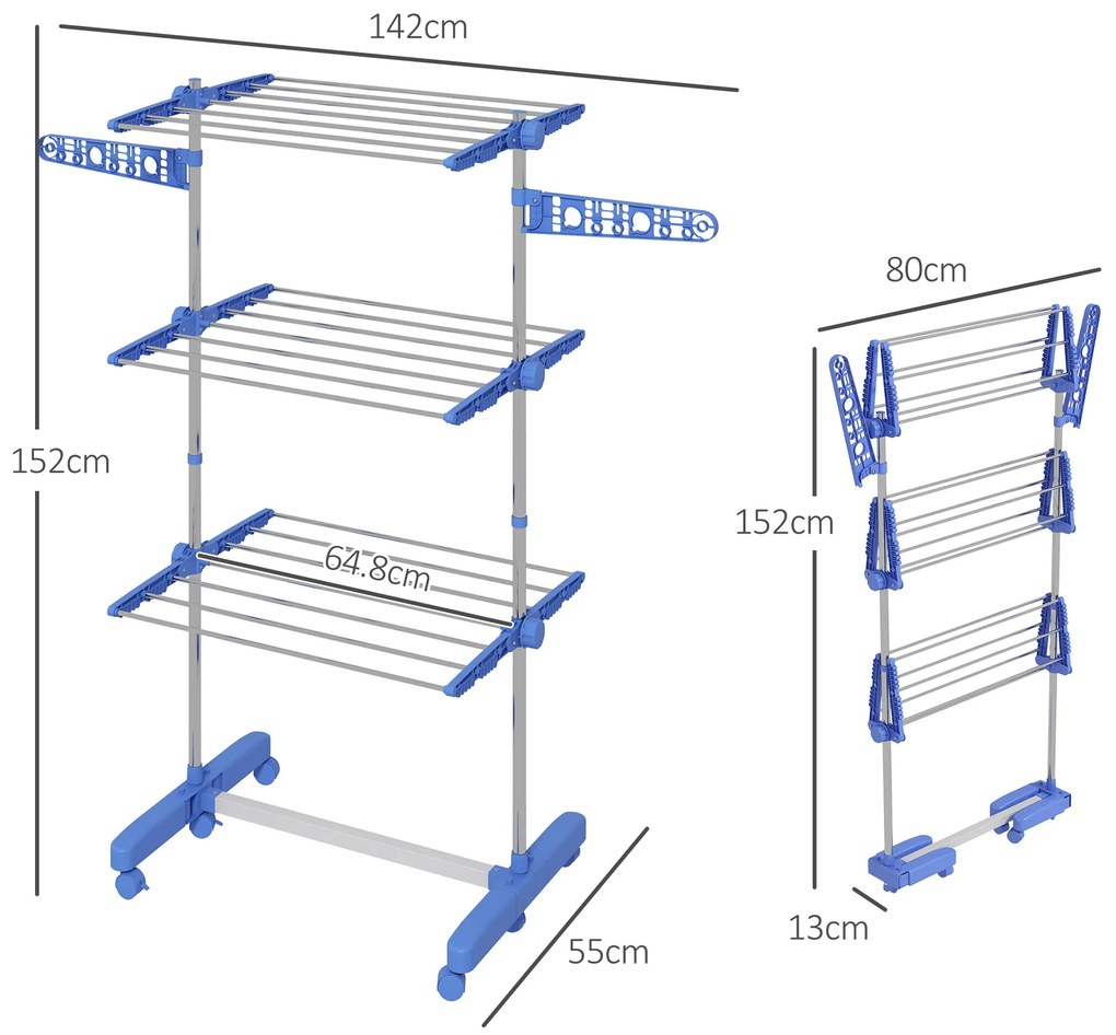 HOMCOM Uscător de Rufe Pliabil Vertical, Extensibil Tip Turn cu 6 Roți, Cârlige și 3 Rafturi, 142x55x152 cm, Albastru | Aosom Romania