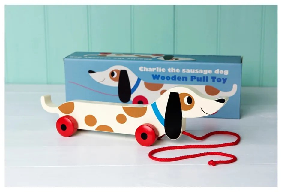Jucărie - cățel din lemn pe roți Rex London Charlie The Sausage Dog, lungime 31,5 cm