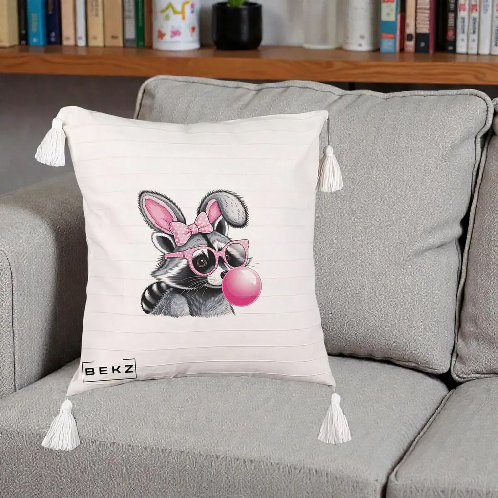 Perna Decorativa Raton cu Urechi de Iepure si Guma de Mestecat, 40x40 cm, Bej cu Franjuri, Husa Detasabila, Perna Inclusa, BEKZ®