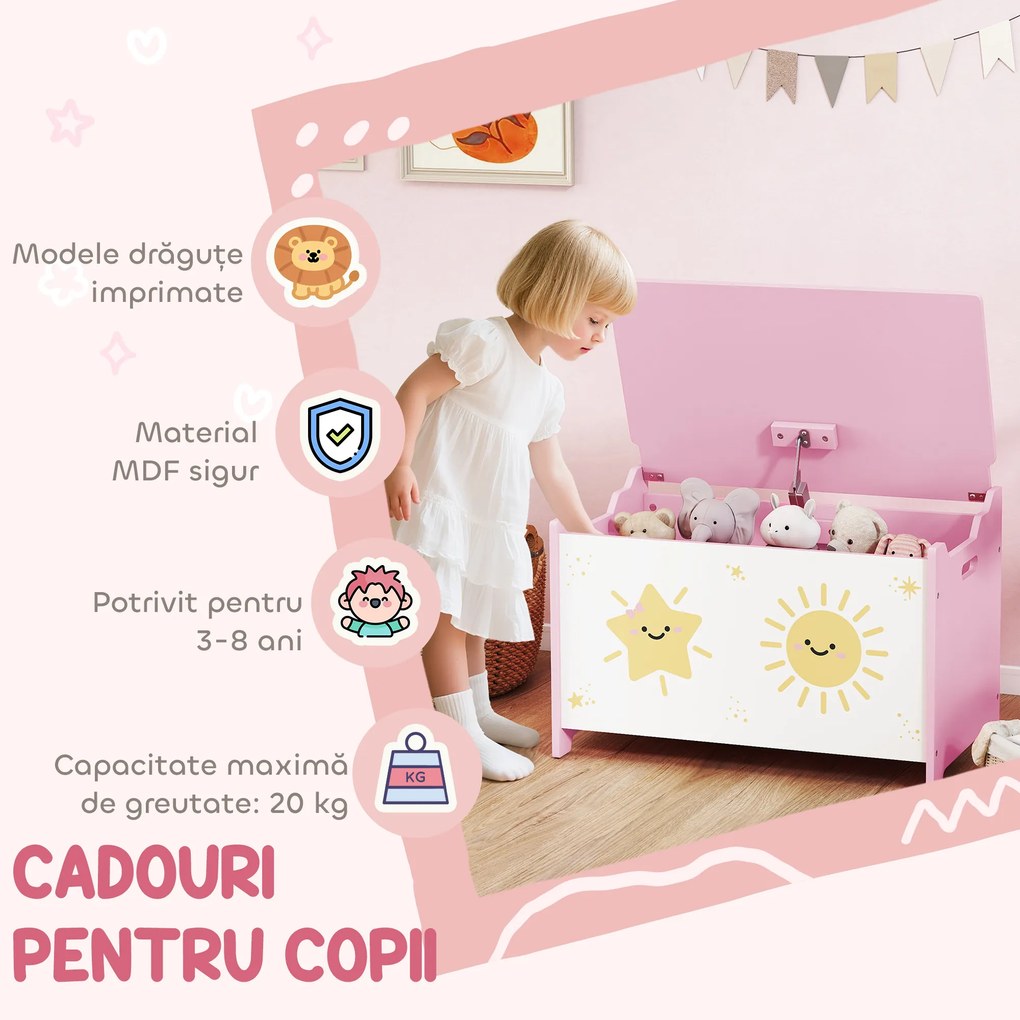 AIYAPLAY Cutie pentru Jucării cu Capac, Balama de Siguranță și Mânere Groove, Organizator pentru Depozitarea Jucăriilor pentru Copii, Camera de Zi, Sala de Joacă, Roz | Aosom Romania