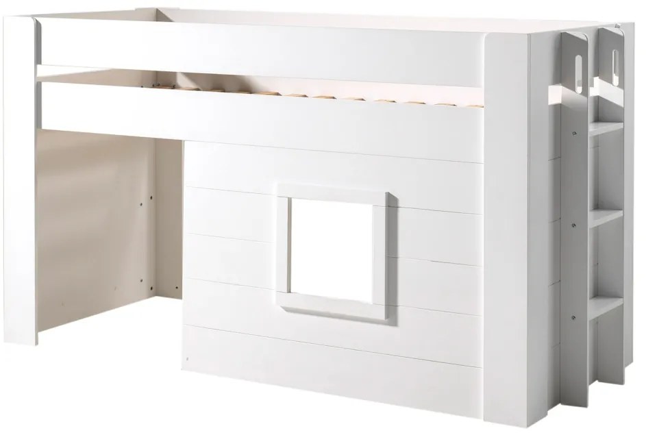Pat median pentru copii NOAH, alb, 90 x 200 cm, MDF lăcuit, spațiu multifuncțional sub pat, scară și fereastră montabile pe stânga sau dreapta –