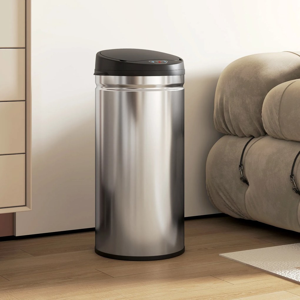 Coș de gunoi HOMCOM de 42L cu Senzor de Mișcare și Deschidere Automată, din Oțel Inoxidabil și ABS, 30.5x30.5x68 cm, Negru și Argintiu | Aosom Romania
