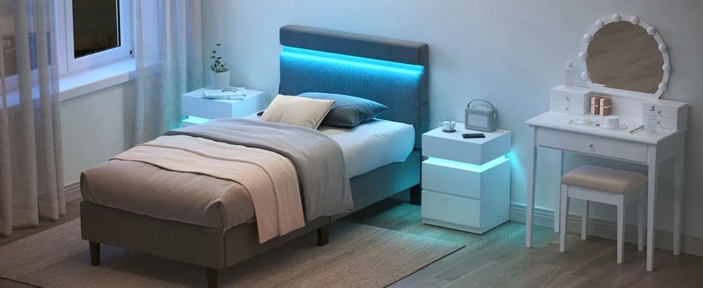 NOA28 - Set 2x Noptiere albe 40x35x55 cm, cu 3 sertare si LED, dormitor - Alb