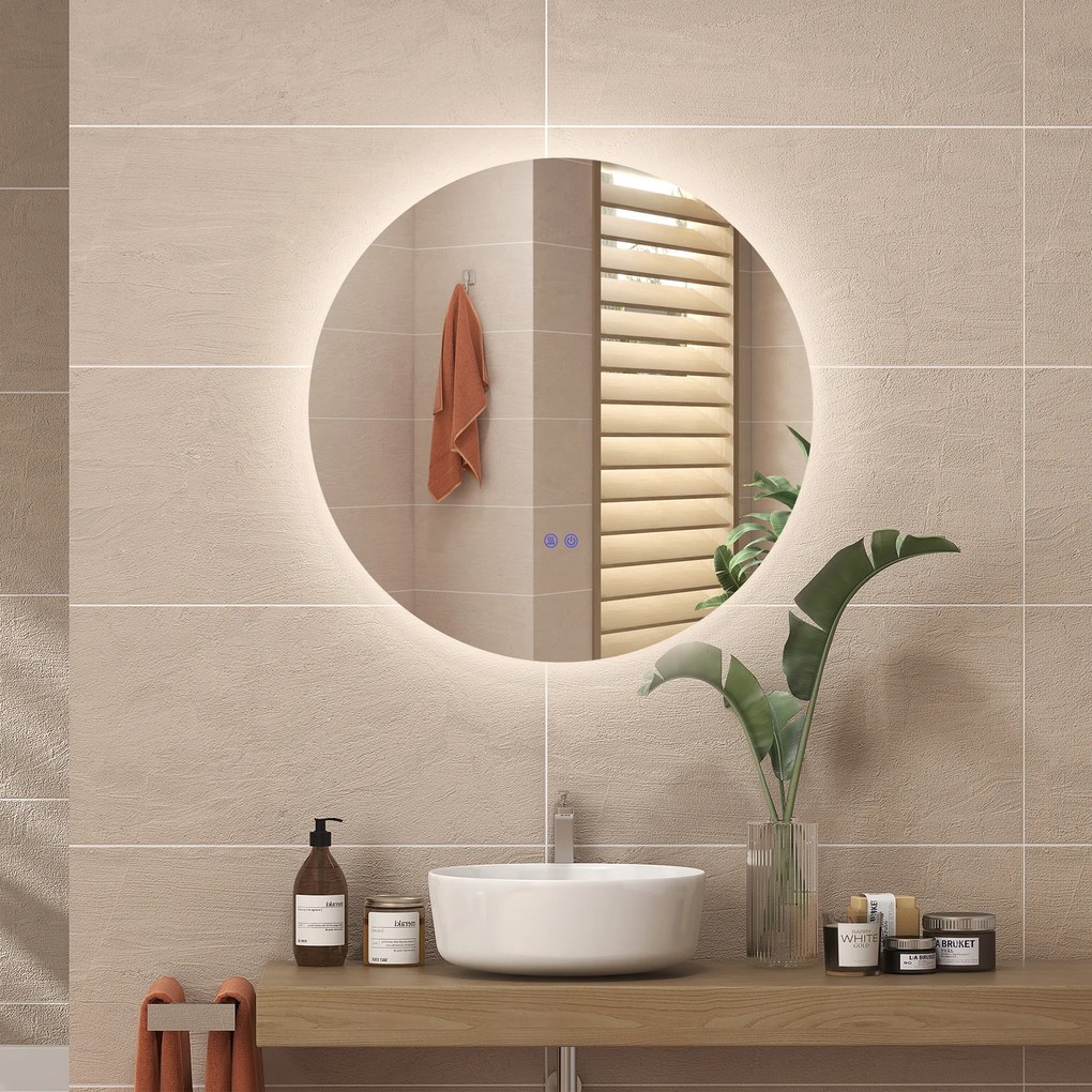 Kleankin Oglinda de Baie Rotunda cu Lumina LED in 3 Culori si intrerupatoare Touch, Ø70x3.5 cm, Transparent | Aosom Romania